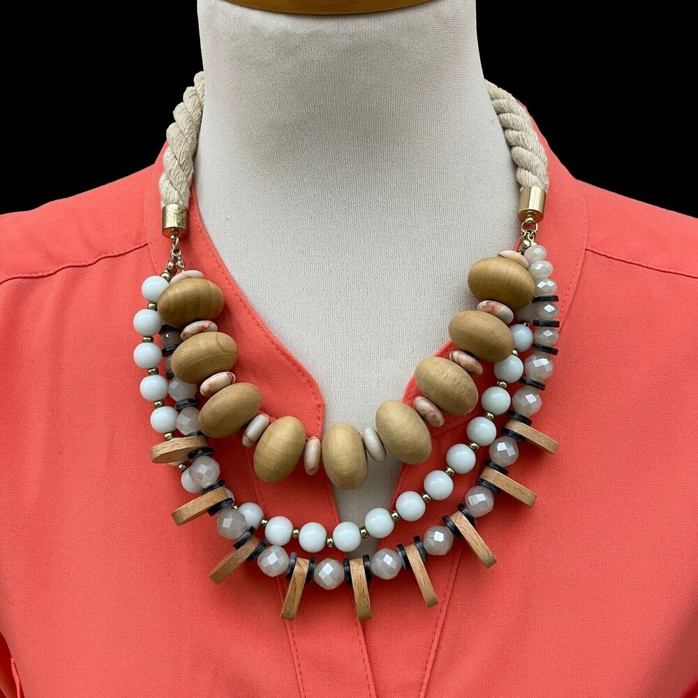 Loft Beaded Wood Metal Plastic Beads‎ Gold-tone Women's Fashion Necklace